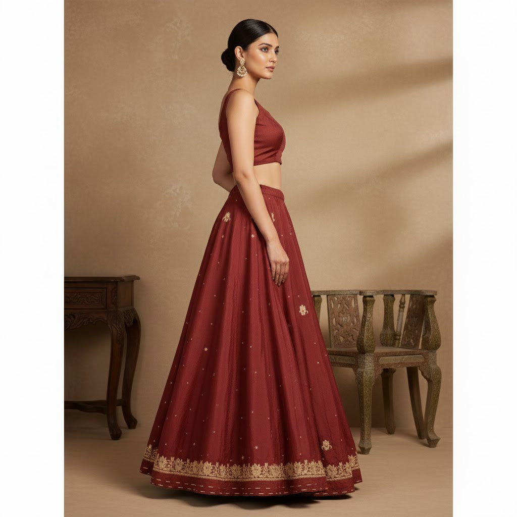 Sanskriti Vintage Red Long Unstitched Lehenga Pure Silk Hand Embroidery Zardozi