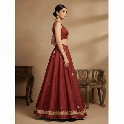 Sanskriti Vintage Red Long Unstitched Lehenga Pure Silk Hand Embroidery Zardozi