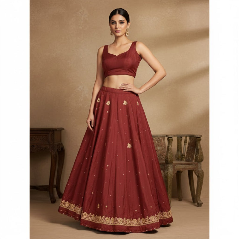 Sanskriti Vintage Red Long Unstitched Lehenga Pure Silk Hand Embroidery Zardozi