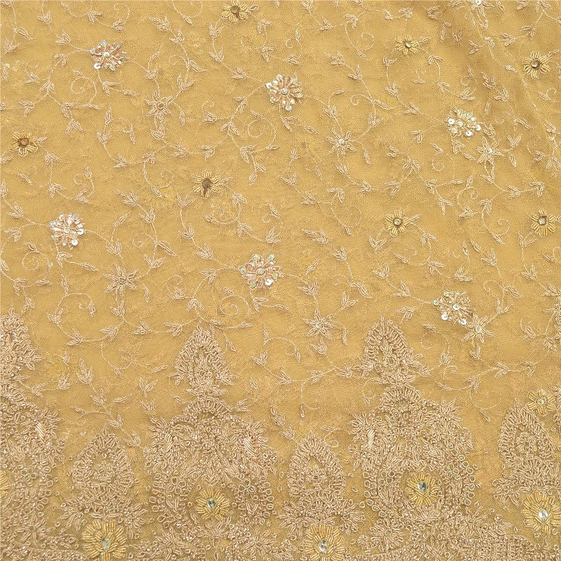 Sanskriti Vintage Yellow Long Unstitched Lehenga Net Mesh Hand Embroidery Dabka