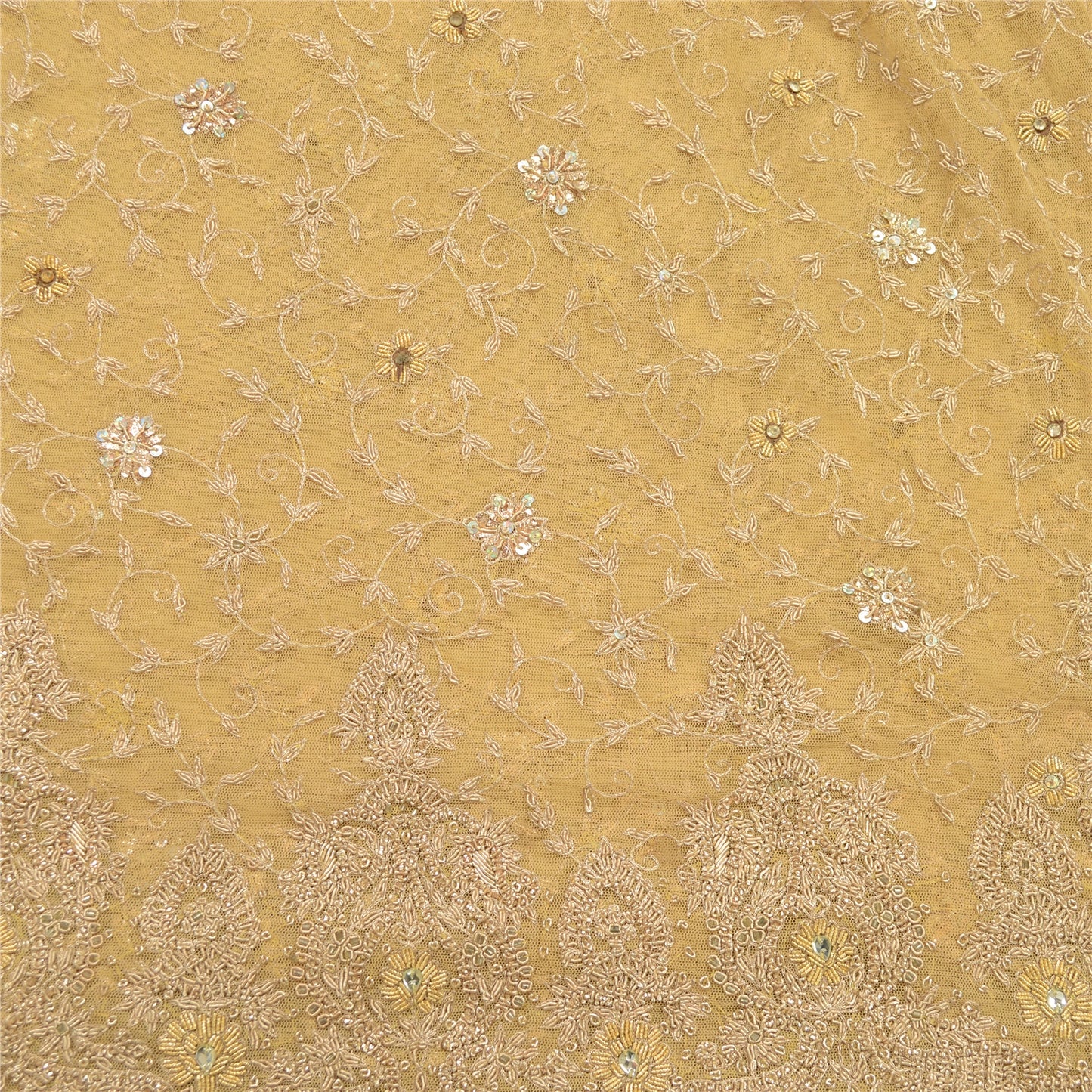 Sanskriti Vintage Yellow Long Unstitched Lehenga Net Mesh Hand Embroidery Dabka