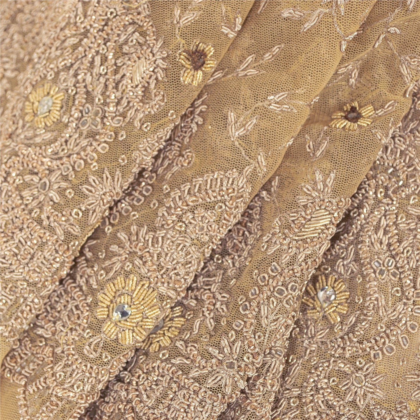 Sanskriti Vintage Yellow Long Unstitched Lehenga Net Mesh Hand Embroidery Dabka