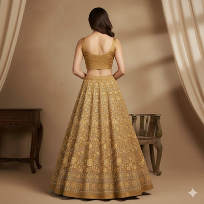 Sanskriti Vintage Yellow Long Unstitched Lehenga Net Mesh Hand Embroidery Dabka