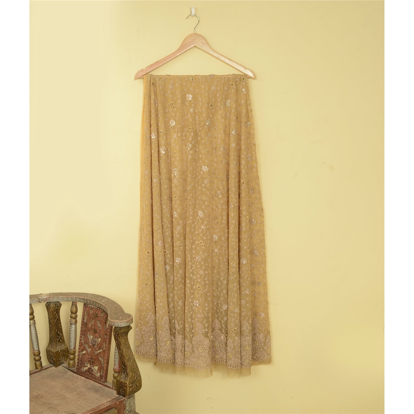 Sanskriti Vintage Yellow Long Unstitched Lehenga Net Mesh Hand Embroidery Dabka