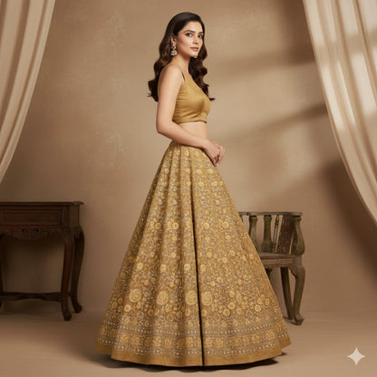 Sanskriti Vintage Yellow Long Unstitched Lehenga Net Mesh Hand Embroidery Dabka