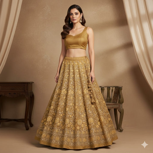 Sanskriti Vintage Yellow Long Unstitched Lehenga Net Mesh Hand Embroidery Dabka