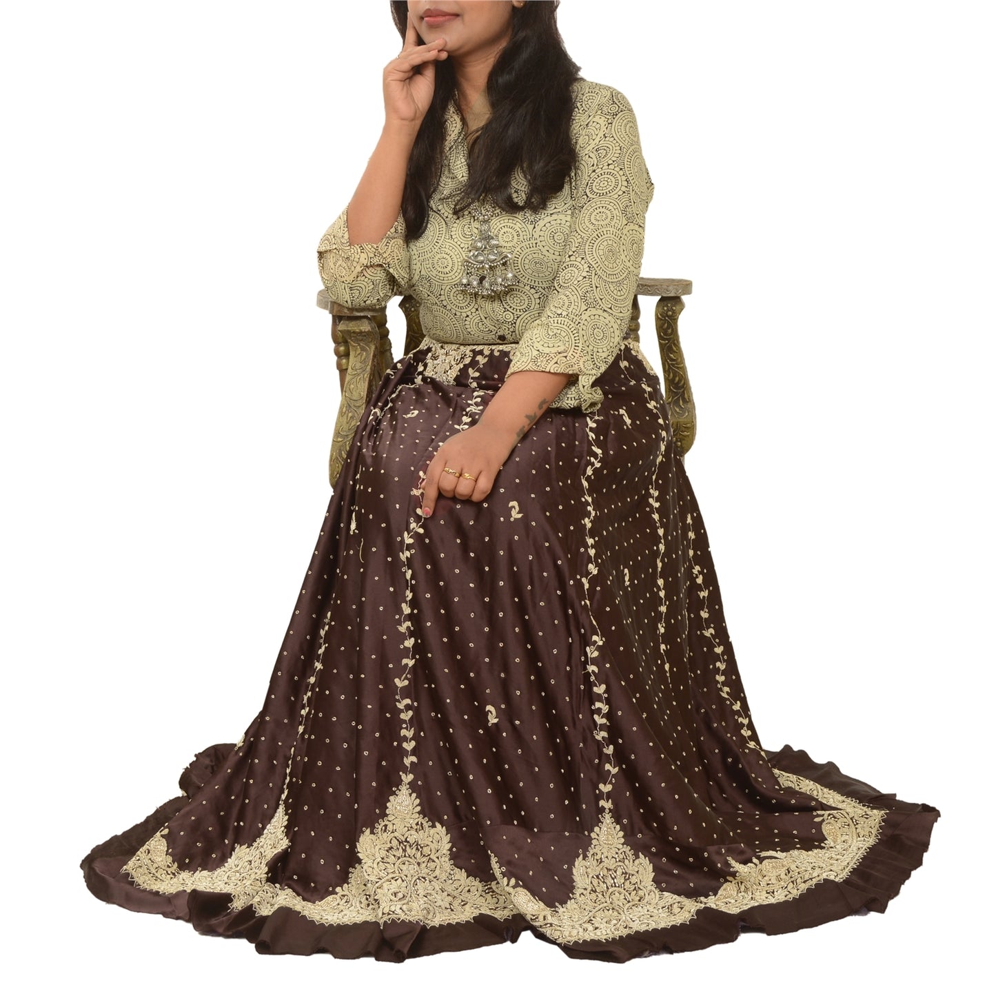 Sanskriti Vintage Brown Long Unstitched Lehenga Satin Hand Embroidered Zardozi