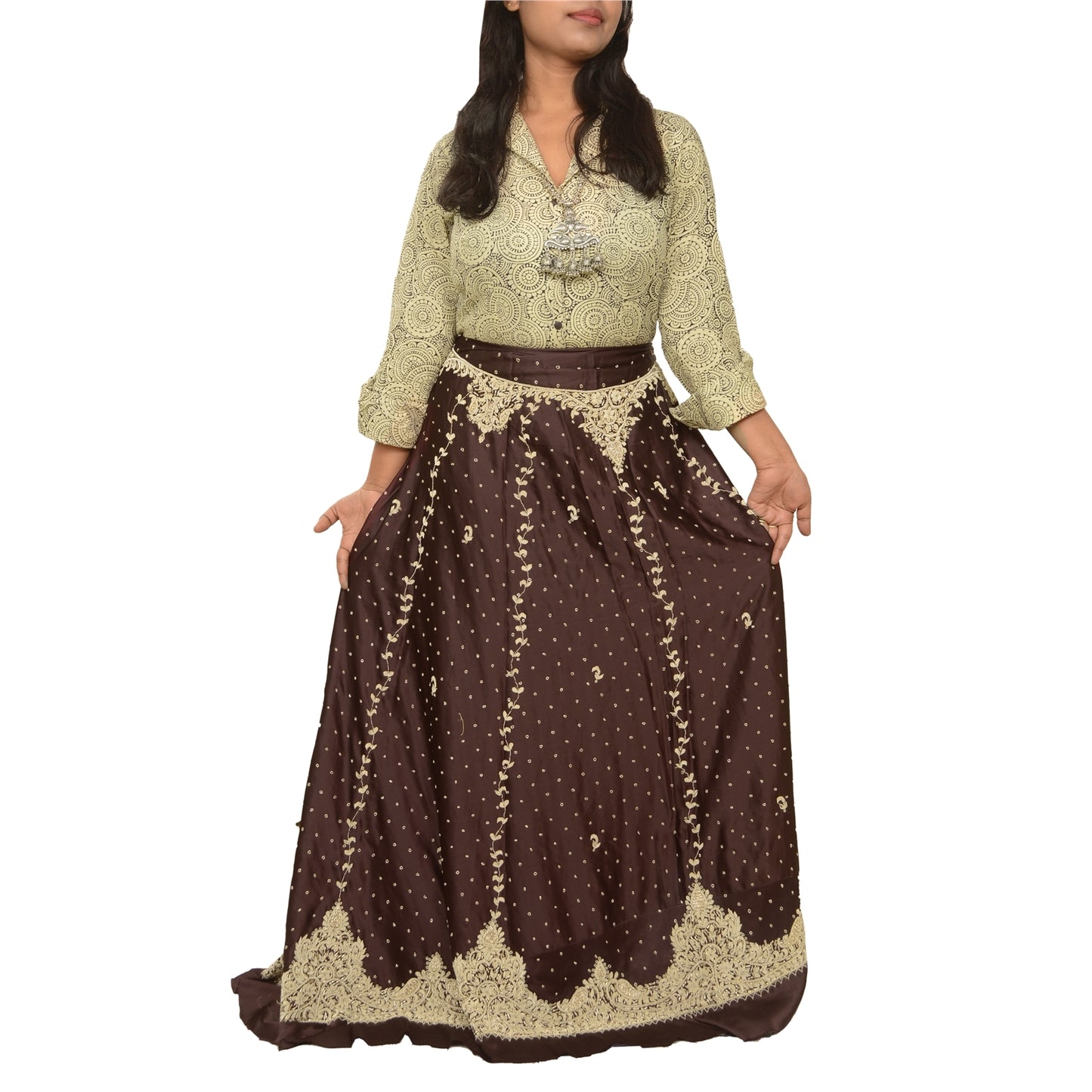 Sanskriti Vintage Brown Long Unstitched Lehenga Satin Hand Embroidered Zardozi