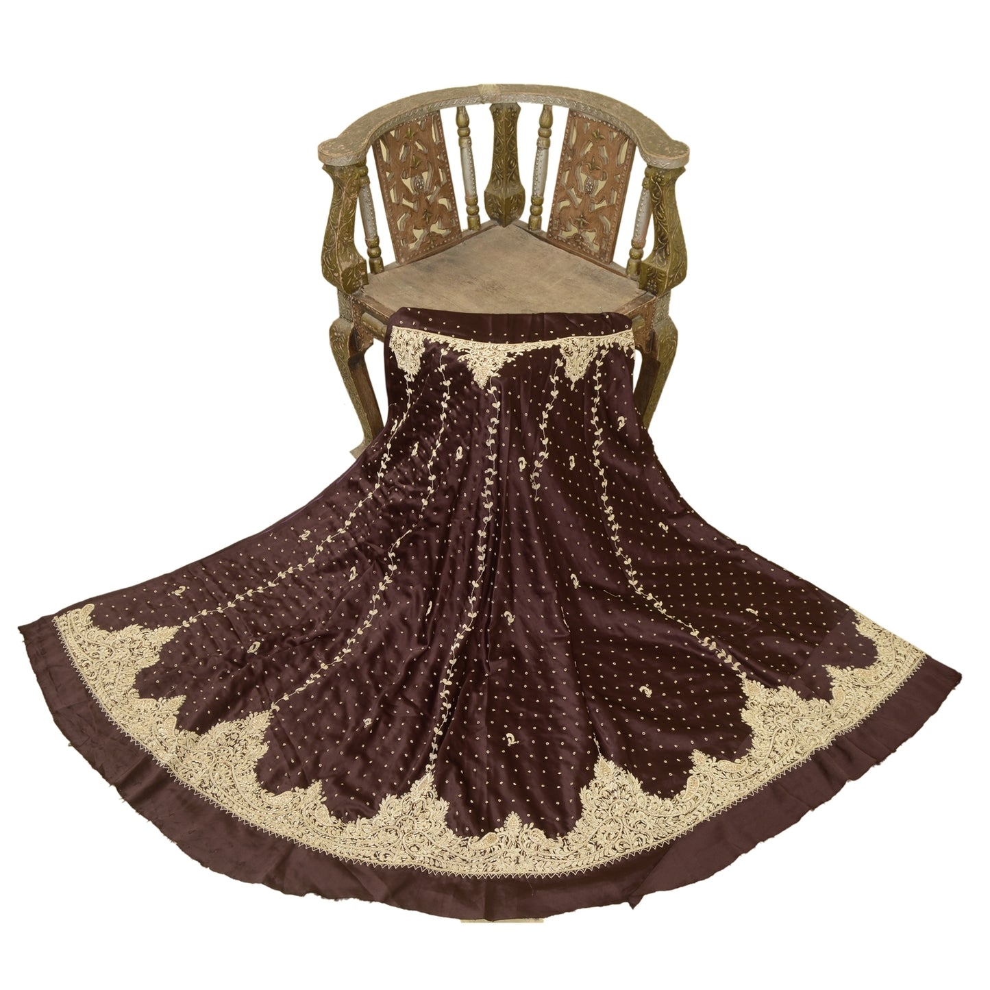 Sanskriti Vintage Brown Long Unstitched Lehenga Satin Hand Embroidered Zardozi