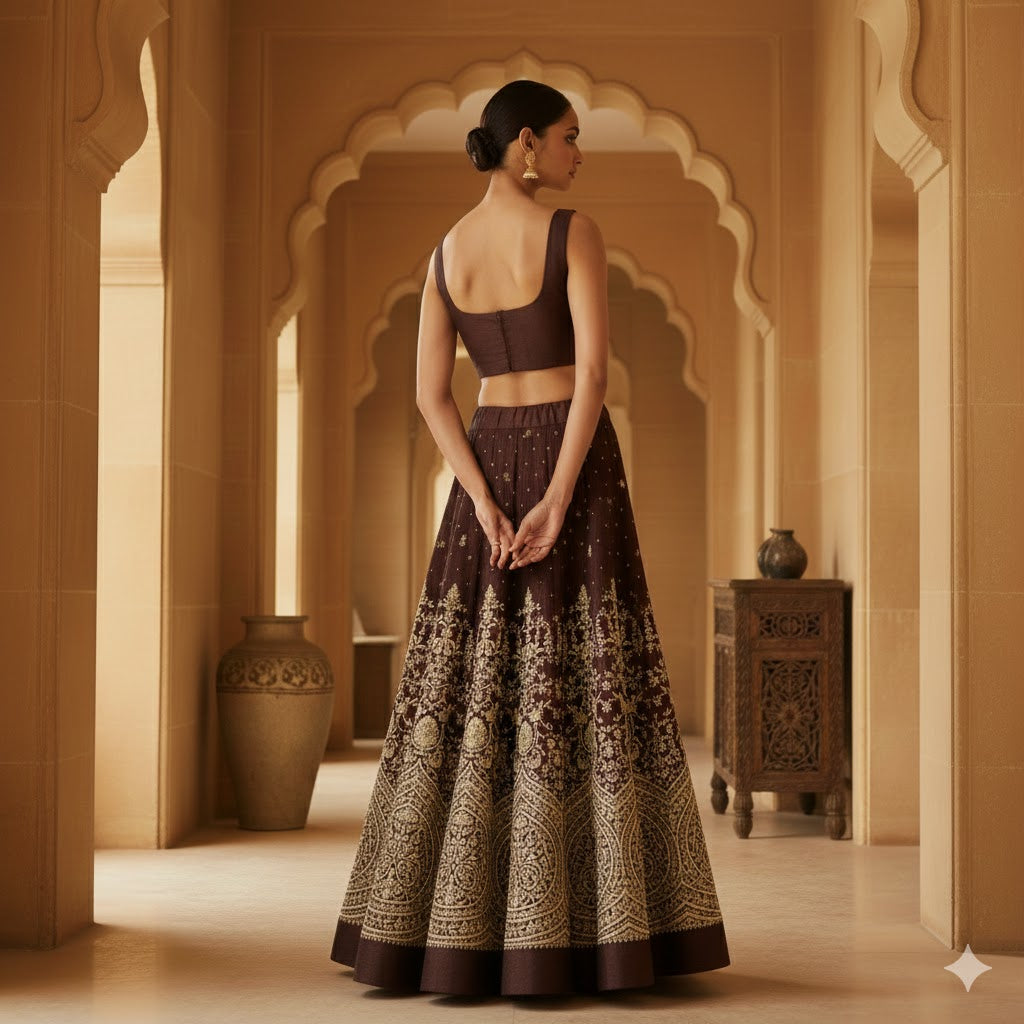 Sanskriti Vintage Brown Long Unstitched Lehenga Satin Hand Embroidered Zardozi