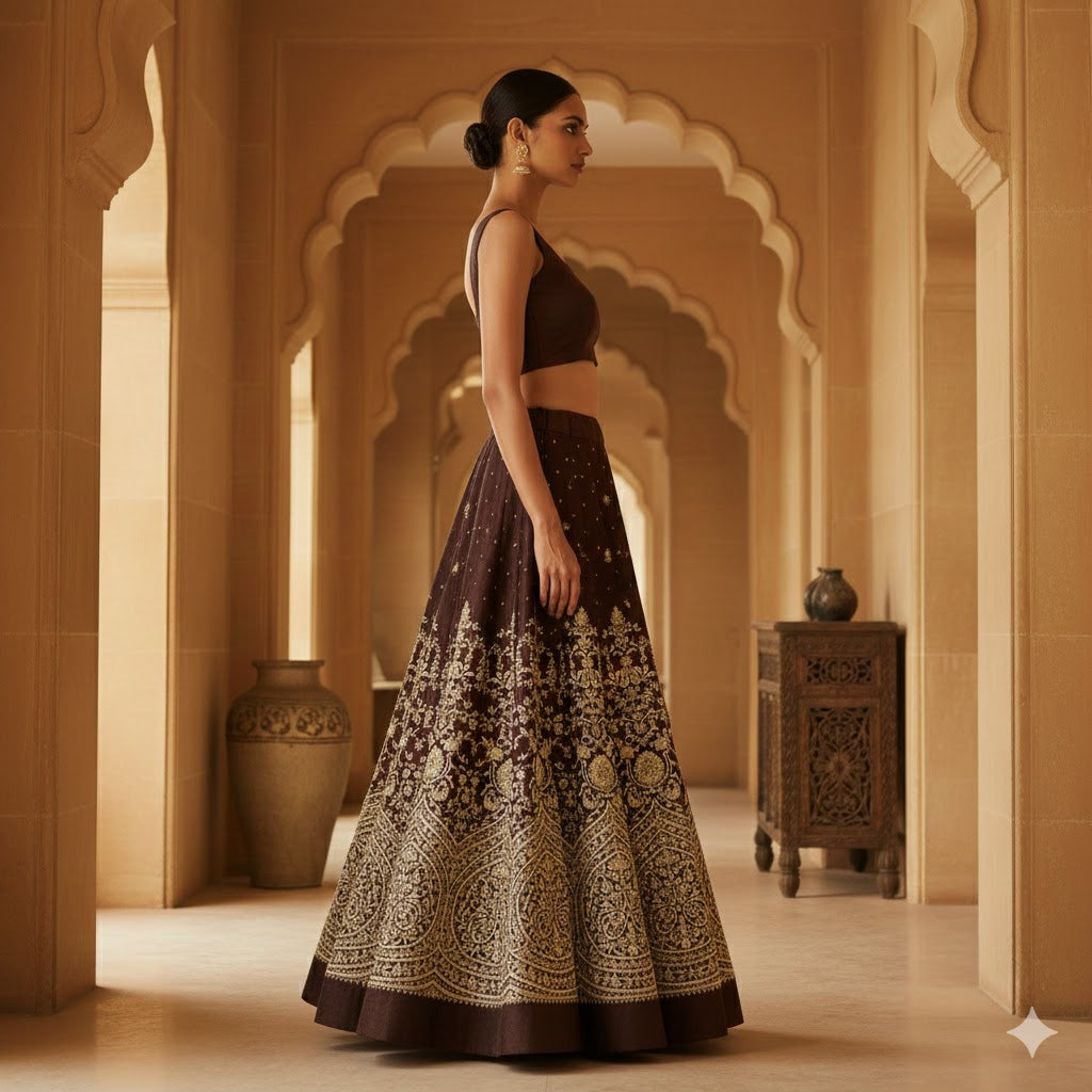 Sanskriti Vintage Brown Long Unstitched Lehenga Satin Hand Embroidered Zardozi