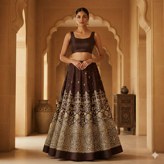 Sanskriti Vintage Brown Long Unstitched Lehenga Satin Hand Embroidered Zardozi