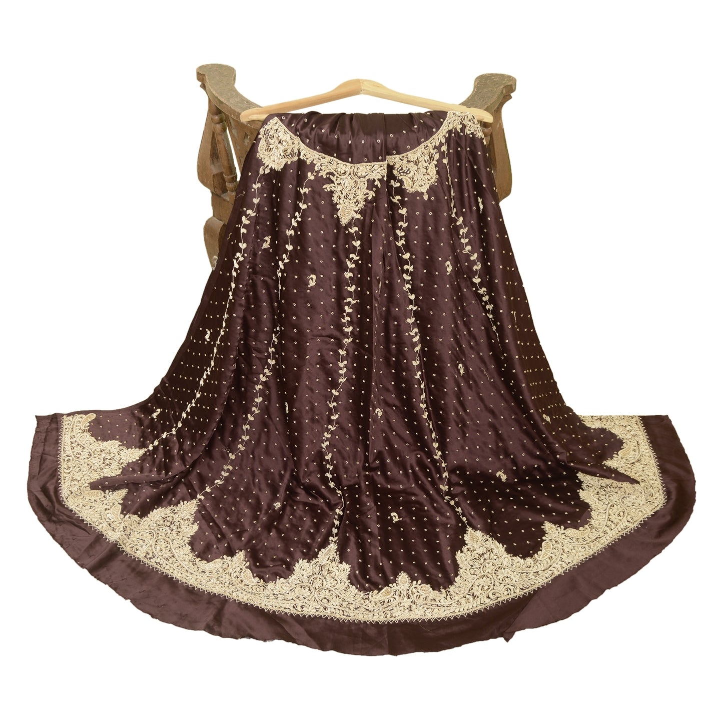 Sanskriti Vintage Brown Long Unstitched Lehenga Satin Hand Embroidered Zardozi