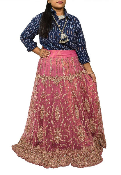Sanskriti Vintage Pink Long Stitched Lehenga Net Mesh Hand Beaded Sequin Zardozi