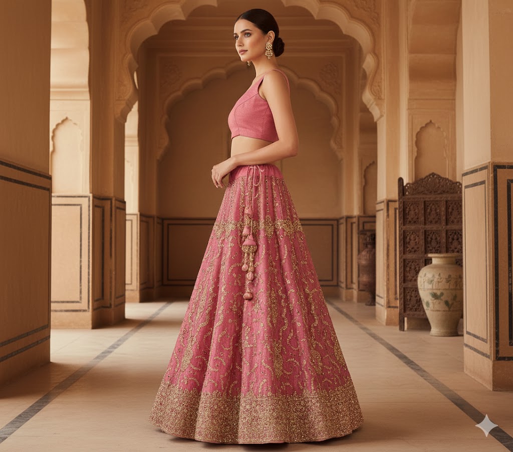 Sanskriti Vintage Pink Long Stitched Lehenga Net Mesh Hand Beaded Sequin Zardozi