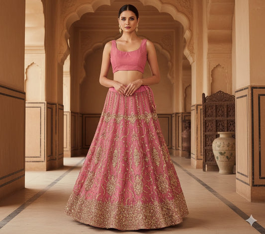 Sanskriti Vintage Pink Long Stitched Lehenga Net Mesh Hand Beaded Sequin Zardozi