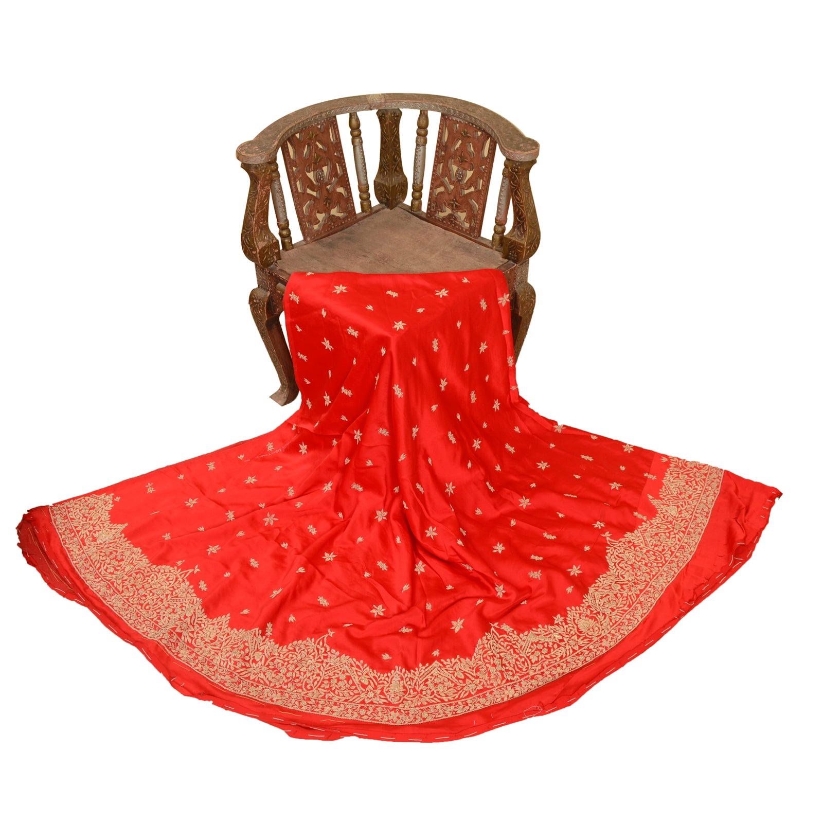 Sanskriti Vintage Red Long Unstitched Lehenga Art Silk Hand Embroidered Zardozi