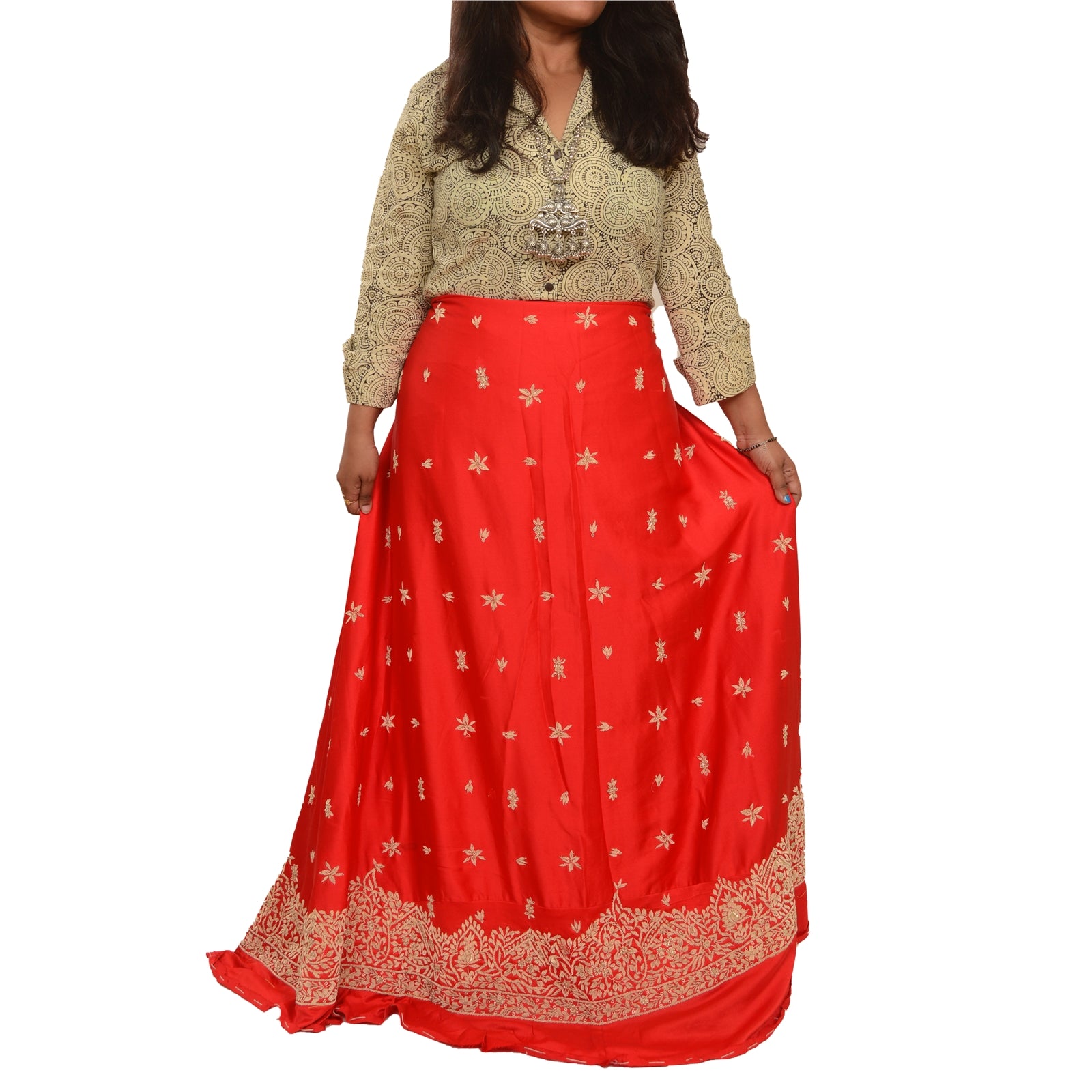Sanskriti Vintage Red Long Unstitched Lehenga Art Silk Hand Embroidered Zardozi