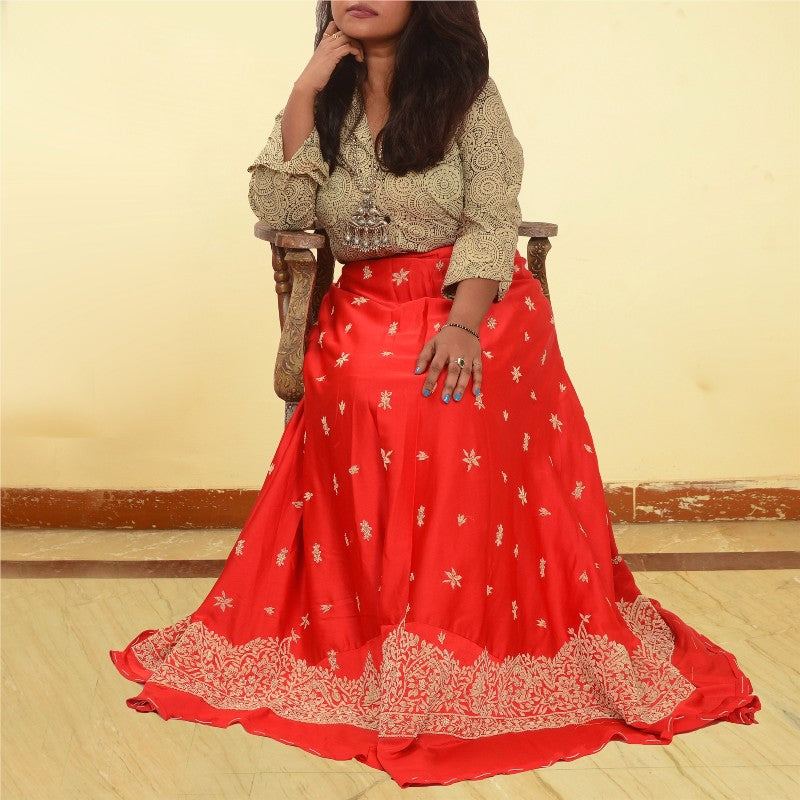Sanskriti Vintage Red Long Unstitched Lehenga Art Silk Hand Embroidered Zardozi