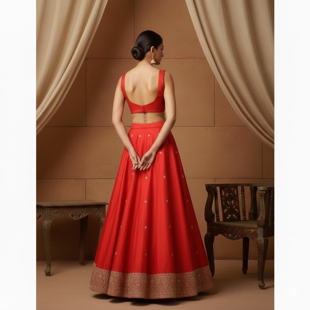 Sanskriti Vintage Red Long Unstitched Lehenga Art Silk Hand Embroidered Zardozi