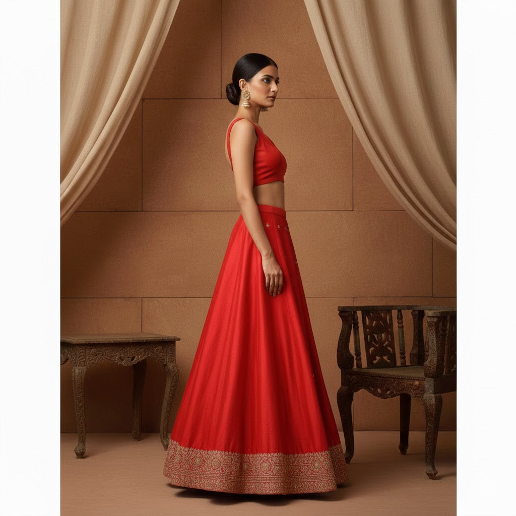 Sanskriti Vintage Red Long Unstitched Lehenga Art Silk Hand Embroidered Zardozi