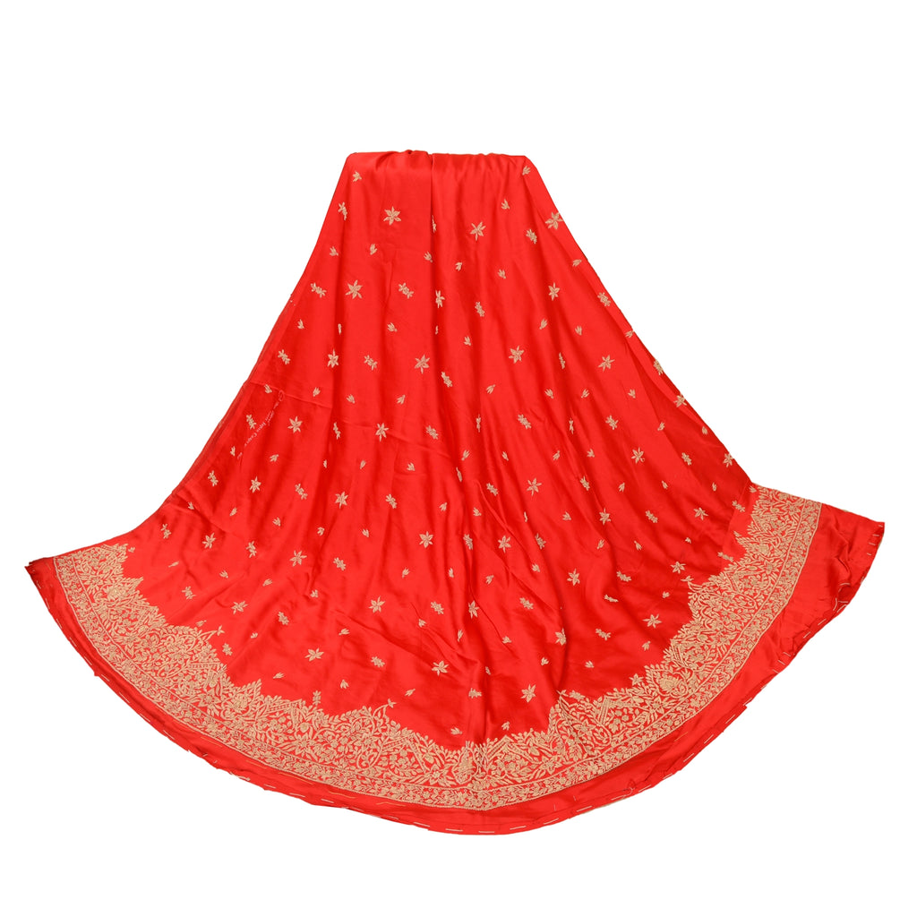 Sanskriti Vintage Red Long Unstitched Lehenga Art Silk Hand Embroidered Zardozi