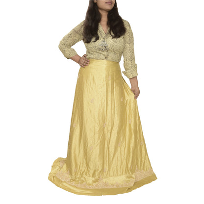 Sanskriti Vintage Golden Long Unstitched Lehenga Satin Silk Hand Beaded Zardozi