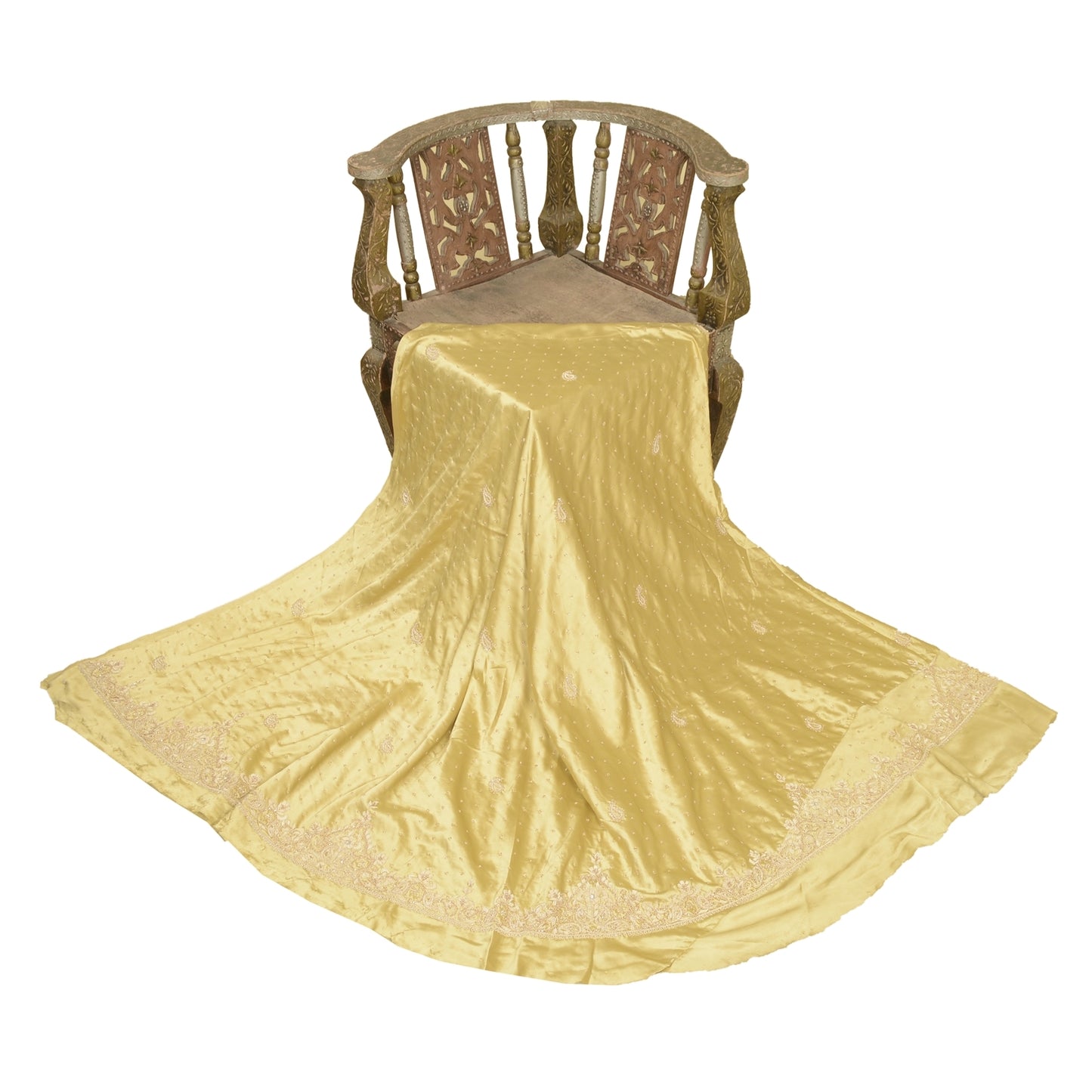 Sanskriti Vintage Golden Long Unstitched Lehenga Satin Silk Hand Beaded Zardozi