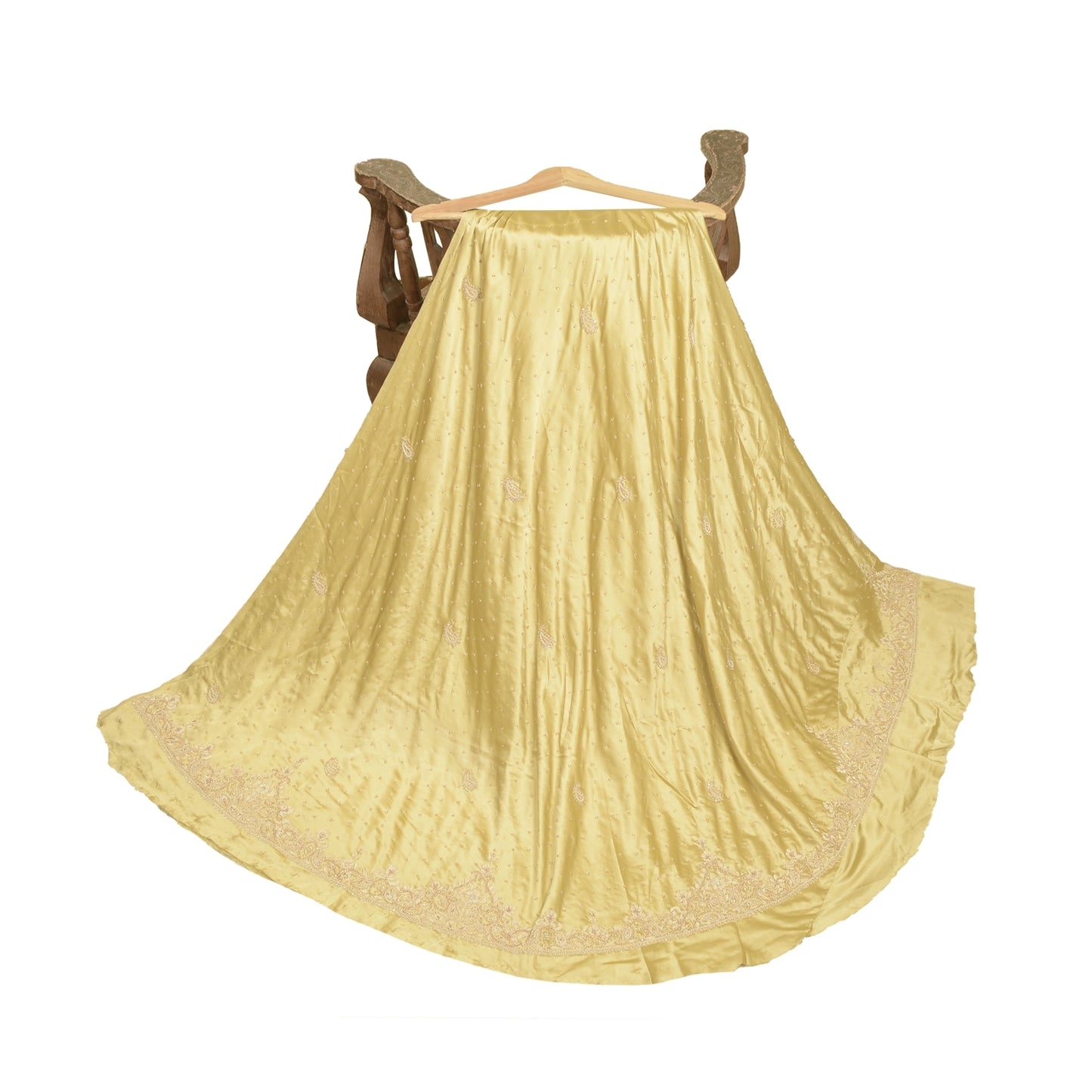 Sanskriti Vintage Golden Long Unstitched Lehenga Satin Silk Hand Beaded Zardozi