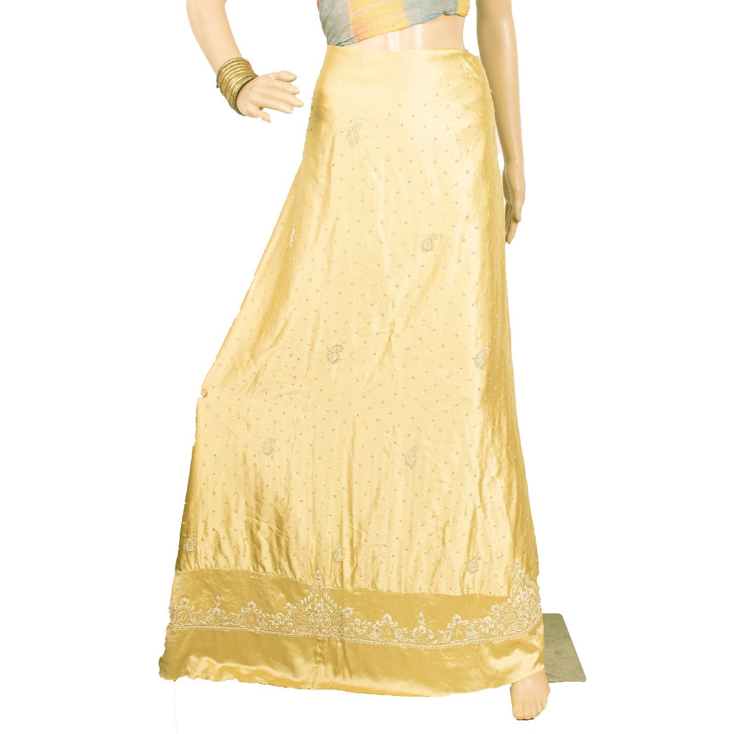 Sanskriti Vintage Golden Long Unstitched Lehenga Satin Silk Hand Beaded Zardozi