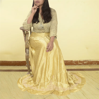 Sanskriti Vintage Golden Long Unstitched Lehenga Satin Silk Hand Beaded Zardozi