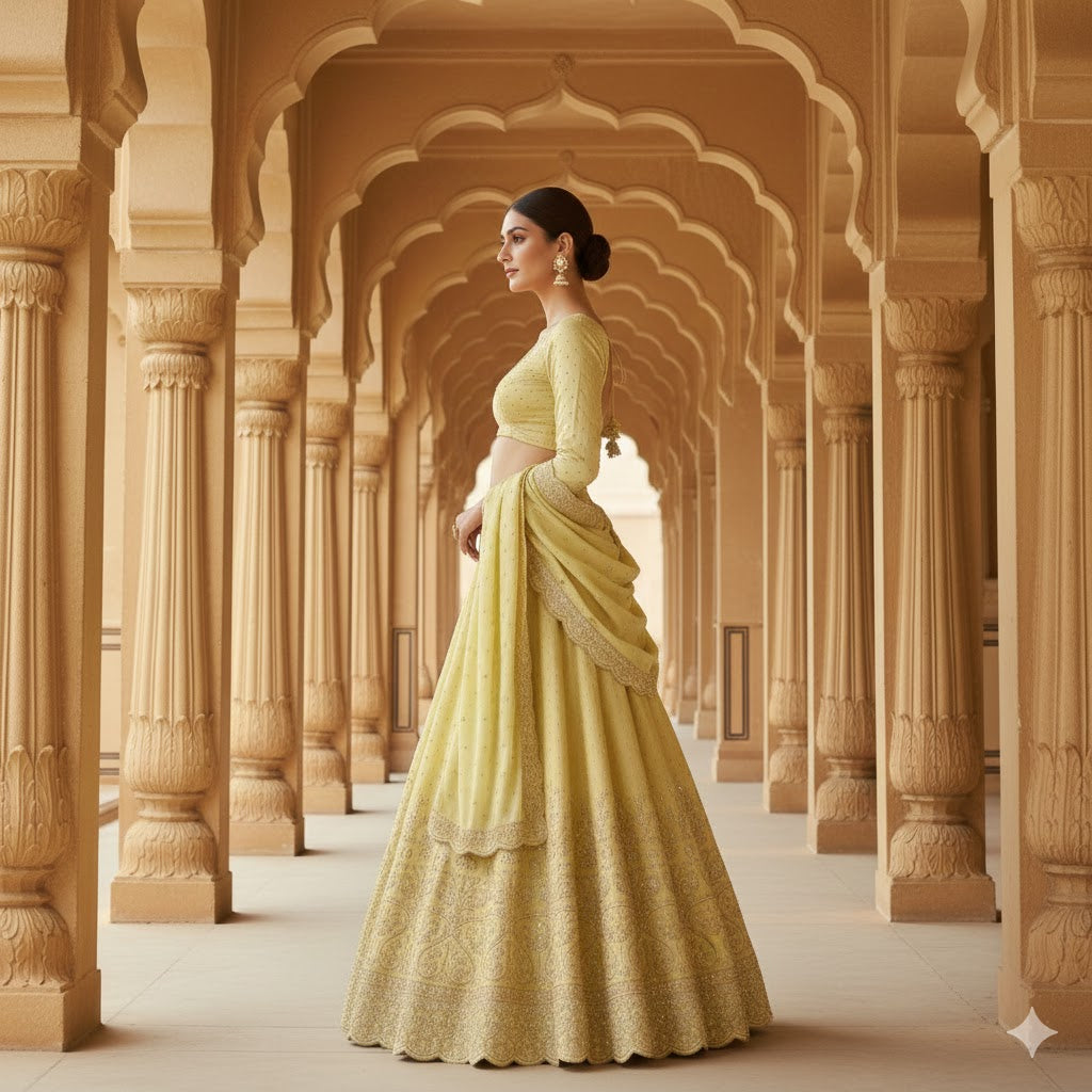 Sanskriti Vintage Golden Long Unstitched Lehenga Satin Silk Hand Beaded Zardozi