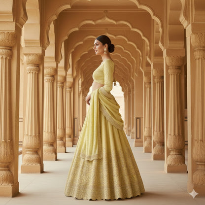 Sanskriti Vintage Golden Long Unstitched Lehenga Satin Silk Hand Beaded Zardozi