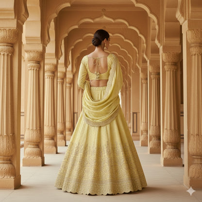 Sanskriti Vintage Golden Long Unstitched Lehenga Satin Silk Hand Beaded Zardozi