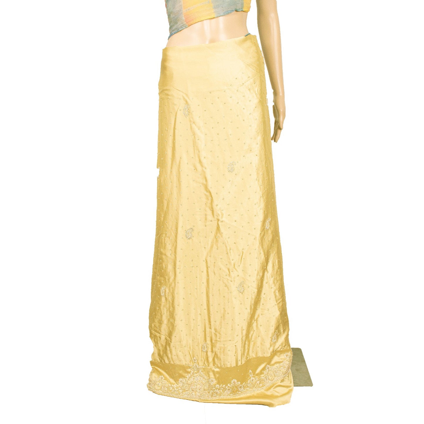 Sanskriti Vintage Golden Long Unstitched Lehenga Satin Silk Hand Beaded Zardozi