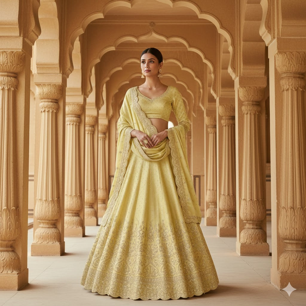 Sanskriti Vintage Golden Long Unstitched Lehenga Satin Silk Hand Beaded Zardozi