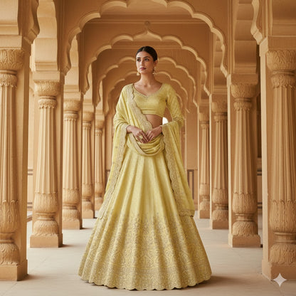Sanskriti Vintage Golden Long Unstitched Lehenga Satin Silk Hand Beaded Zardozi