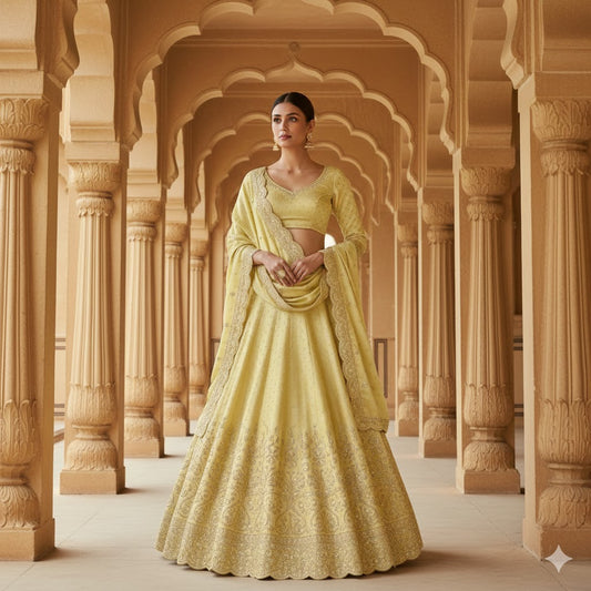 Sanskriti Vintage Golden Long Unstitched Lehenga Satin Silk Hand Beaded Zardozi