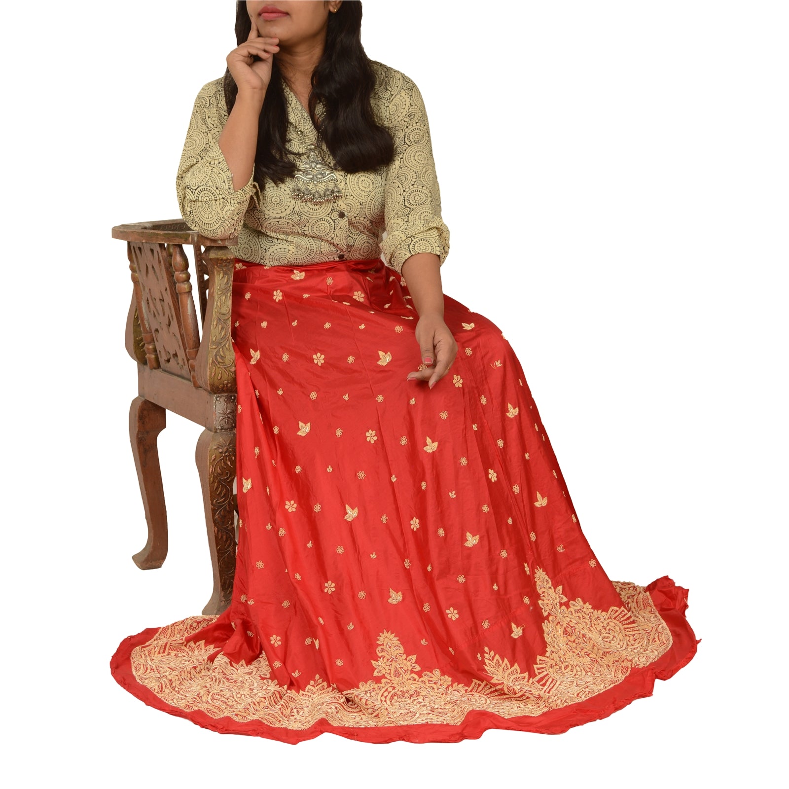 Sanskriti Vintage Red Long Unstitched Lehenga Pure Silk Hand Embroidered Zardozi