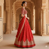 Sanskriti Vintage Red Long Unstitched Lehenga Pure Silk Hand Embroidered Zardozi
