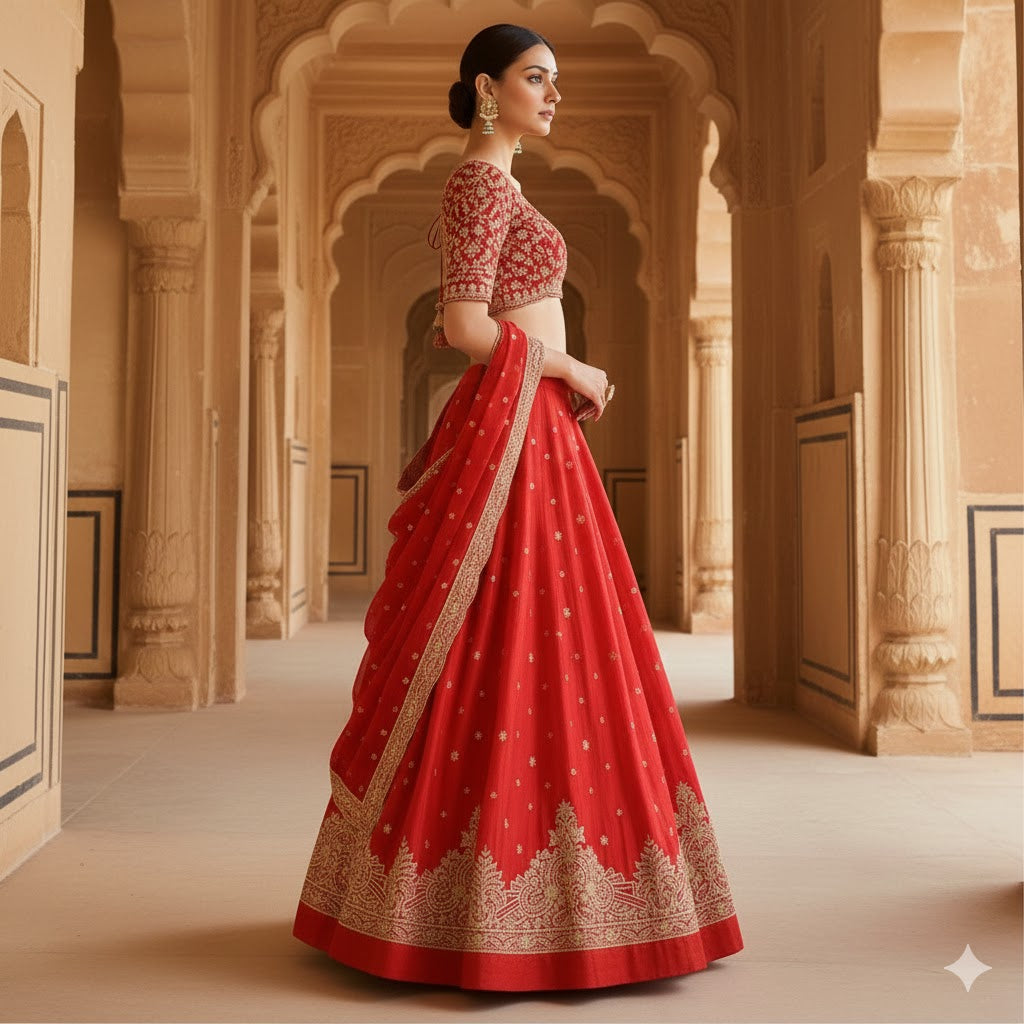 Sanskriti Vintage Red Long Unstitched Lehenga Pure Silk Hand Embroidered Zardozi