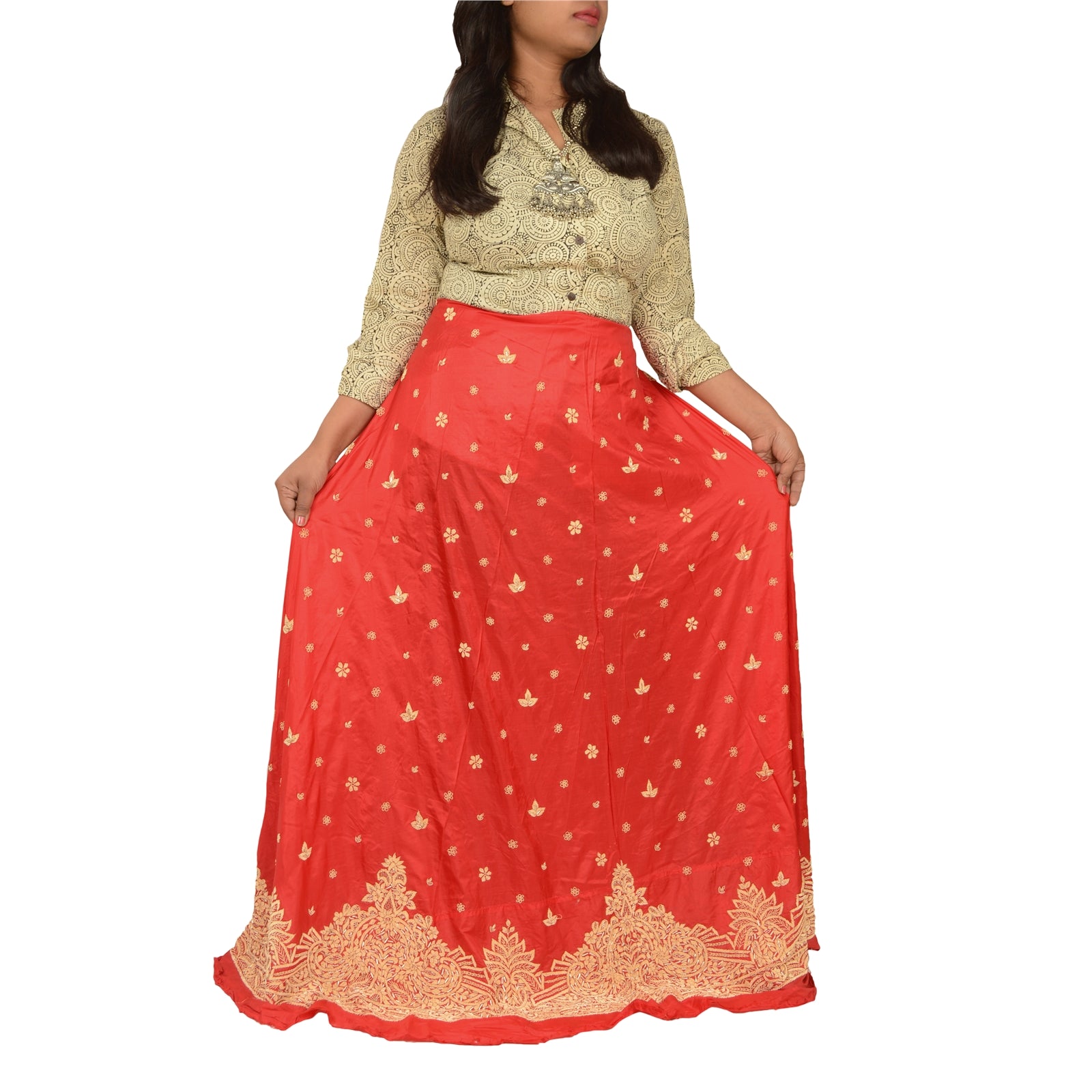 Sanskriti Vintage Red Long Unstitched Lehenga Pure Silk Hand Embroidered Zardozi