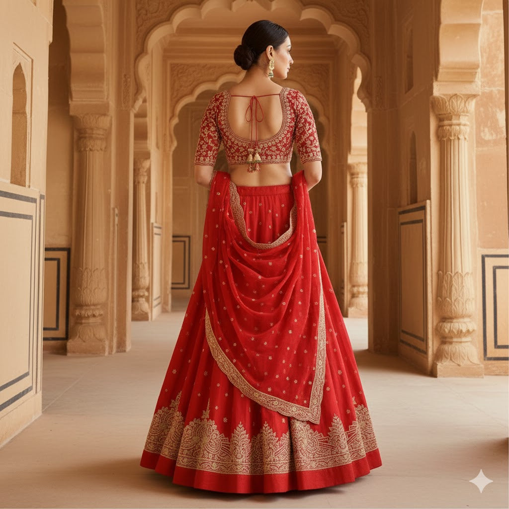 Sanskriti Vintage Red Long Unstitched Lehenga Pure Silk Hand Embroidered Zardozi