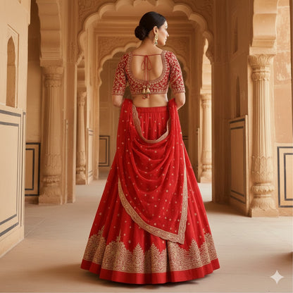 Sanskriti Vintage Red Long Unstitched Lehenga Pure Silk Hand Embroidered Zardozi