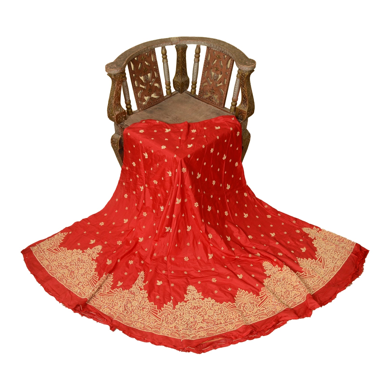 Sanskriti Vintage Red Long Unstitched Lehenga Pure Silk Hand Embroidered Zardozi