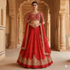 Sanskriti Vintage Red Long Unstitched Lehenga Pure Silk Hand Embroidered Zardozi