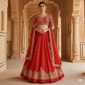 Sanskriti Vintage Red Long Unstitched Lehenga Pure Silk Hand Embroidered Zardozi