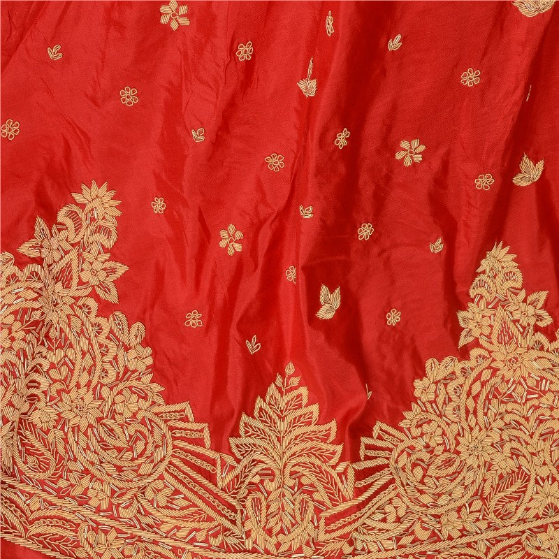 Sanskriti Vintage Red Long Unstitched Lehenga Pure Silk Hand Embroidered Zardozi