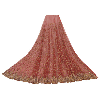 Sanskriti Vintage Red Long Unstitched Lehenga Net Mesh Hand Embroidered Zardozi