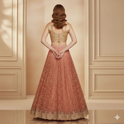 Sanskriti Vintage Red Long Unstitched Lehenga Net Mesh Hand Embroidered Zardozi